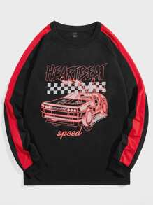 ROMWE MEN Hombres Camiseta con estampado de coche y letra de manga raglán - Negro - Ver 1