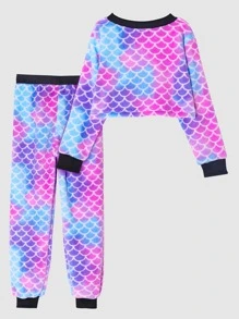 Teen Girl Fish Scales Print Drop Shoulder Sweatshirt & Joggers - Multicolor - View 2