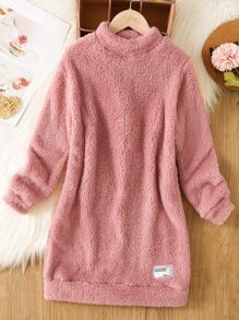 Tween Girl Letter Patched Teddy Sweatshirt Dress - Dusty Pink - View 1