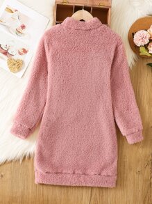 Tween Girl Letter Patched Teddy Sweatshirt Dress - Dusty Pink - View 2