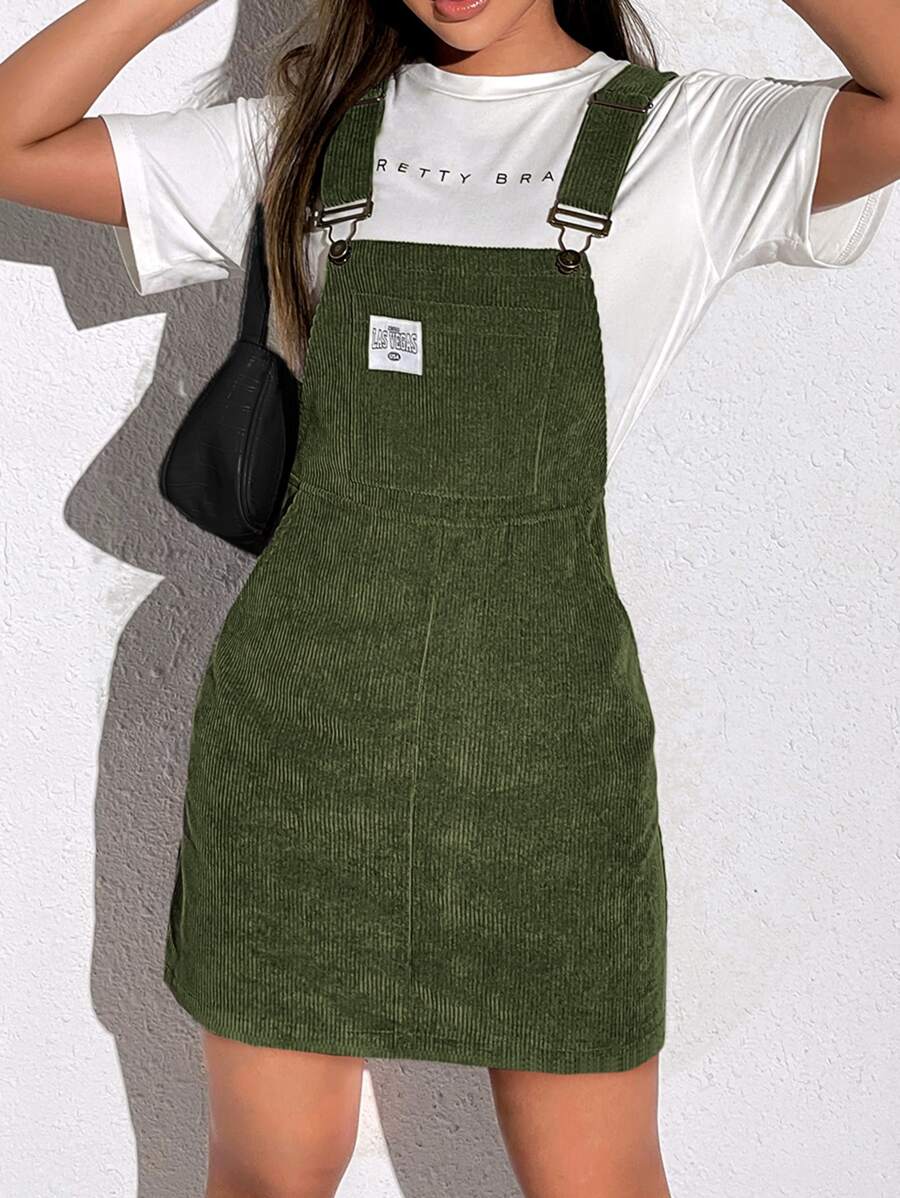 SHEIN EZwear Patch Detail Corduroy Overall Dress Without Tee - Army Green - View 1