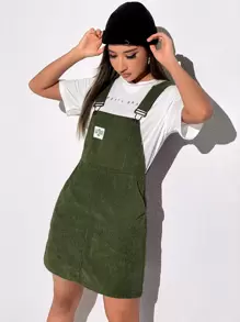 SHEIN EZwear Patch Detail Corduroy Overall Dress Without Tee - Army Green - View 4