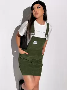 SHEIN EZwear Patch Detail Corduroy Overall Dress Without Tee - Army Green - View 5