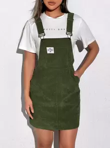 SHEIN EZwear Patch Detail Corduroy Overall Dress Without Tee - Army Green - View 6