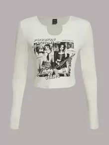 SHEIN EZwear Áo thun nữ Con số Lá thư Giải trí - Màu be - Xem 1