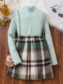Girls Mock Neck Tee & Plaid Skirt - Multicolor - View 1