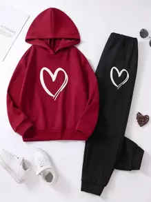 SHEIN 青少女心形印花連帽衫與汗褲 - 彩色 - 查看 1