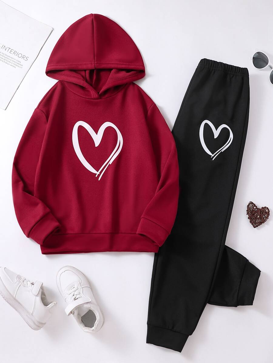 SHEIN 青少女心形印花連帽衫與汗褲 - 彩色 - 查看 1