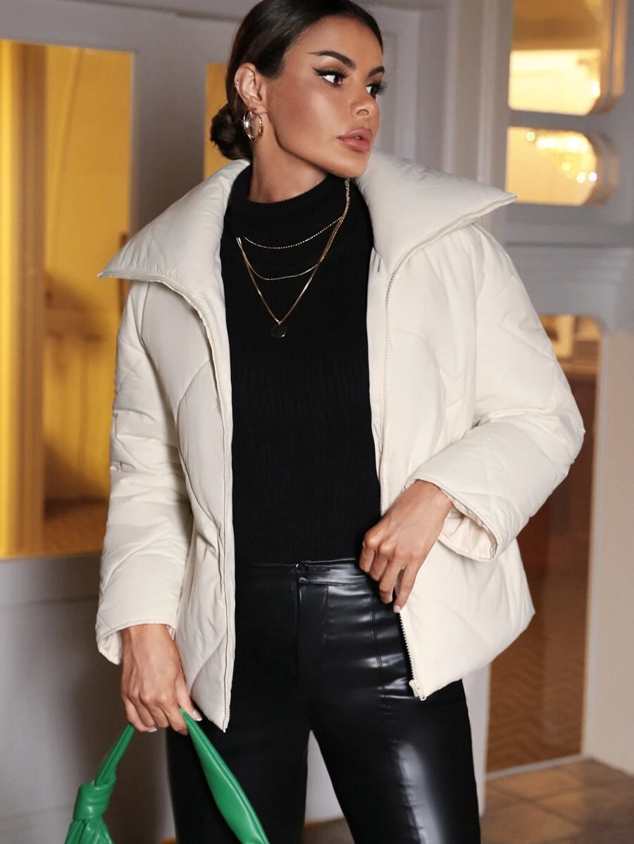 SHEIN Privé Abrigo con cremallera, hombros caídos y acolchado - Beis - Ver 1