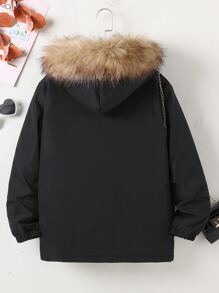 SHEIN Tween Boy Flap Pocket Fuzzy Trim Hooded Thermal Lined Padded Coat - Black - View 2