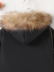 SHEIN Tween Boy Flap Pocket Fuzzy Trim Hooded Thermal Lined Padded Coat - Black - View 6