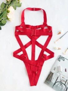 Plain Cut-out Teddy Bodysuit - Red - View 2