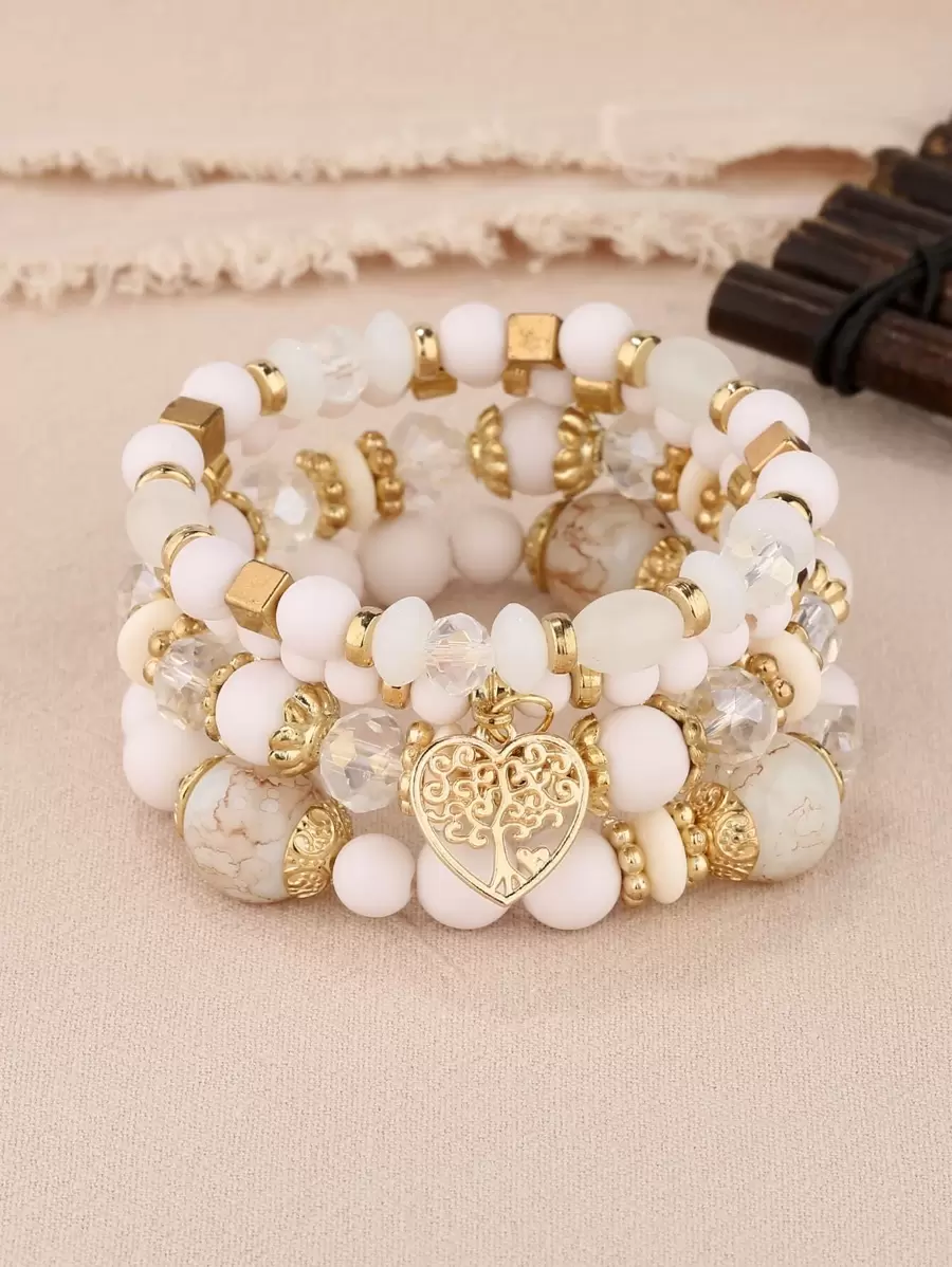 Bộ 4 vòng tay phong cách với mặt dây chuyền hình trái tim Valentine, Mẹ, Mẹ, Ngày của Mẹ, Quà tặng - trắng - Xem 1