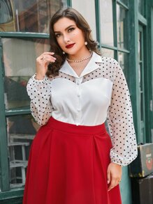 SHEIN DECDS Plus Polka Dot Mesh Insert Lantern Sleeve Blouse - White - View 3