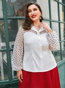 SHEIN DECDS Plus Polka Dot Mesh Insert Lantern Sleeve Blouse - White - View 6