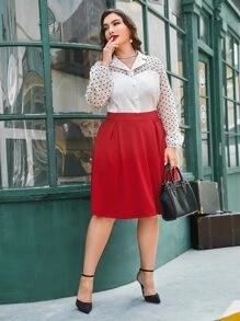 SHEIN DECDS Plus Polka Dot Mesh Insert Lantern Sleeve Blouse - White - View 1