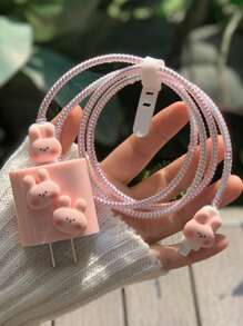 5pcs Cartoon Rabbit Decor Data Cable Protector Compatible With iPhone - Pink - View 1