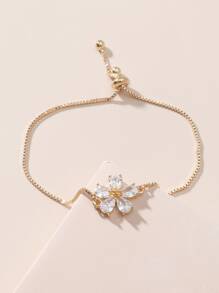 1 件可调节铜花形方晶锆石镶嵌抽绳手链，非常适合女性日常佩戴、约会、派对等情人节