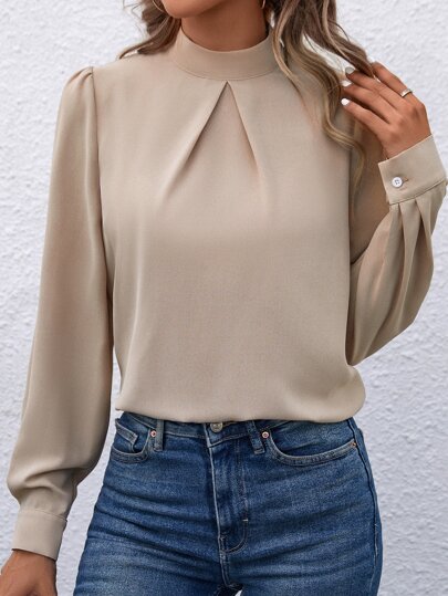 EMERY ROSE Solid Color Stand Collar Raglan Sleeve Casual Loose Elegant Blouse