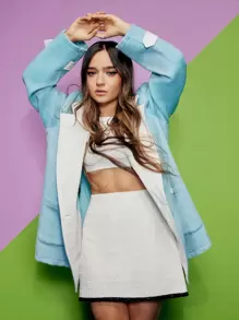 SHEIN X Calle y Poché SHEIN EZwear 拼接領口袋貼布花呢外套 - 藍色 - 查看 3