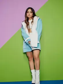 SHEIN X Calle y Poché SHEIN EZwear 拼接領口袋貼布花呢外套 - 藍色 - 查看 4