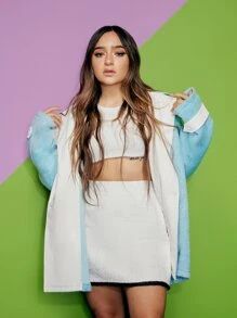 SHEIN X Calle y Poché SHEIN EZwear 拼接領口袋貼布花呢外套 - 藍色 - 查看 5
