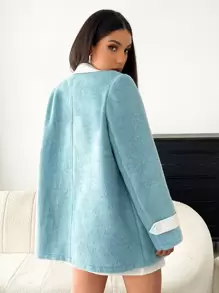 SHEIN X Calle y Poché SHEIN EZwear 拼接領口袋貼布花呢外套 - 藍色 - 查看 8