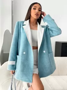 SHEIN X Calle y Poché SHEIN EZwear 拼接領口袋貼布花呢外套 - 藍色 - 查看 9