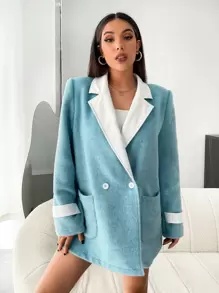 SHEIN X Calle y Poché SHEIN EZwear 拼接領口袋貼布花呢外套 - 藍色 - 查看 10