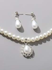 3入組鑲嵌鑽石和人造珍珠裝飾的珠寶套裝 - 白色 - 查看 2