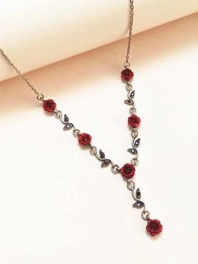 1 件复古玫瑰花和叶子形状红宝石镶嵌项链适合女性日常佩戴情人节、妈妈、母亲、母亲节、礼物