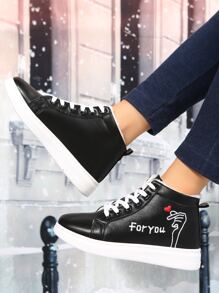Heart & Letter Embroidery High Top Skate Shoes - Black - View 1