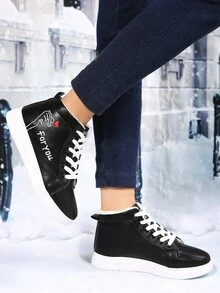 Heart & Letter Embroidery High Top Skate Shoes - Black - View 2