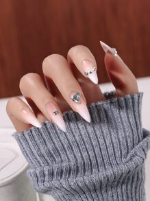 使用24入組長杏仁粉色漸變水鑽3D心形裝飾假指甲和1入組指甲銼和1張指甲膠帶升級您造型 - 彩色 - 查看 1