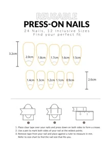 使用24入組長杏仁粉色漸變水鑽3D心形裝飾假指甲和1入組指甲銼和1張指甲膠帶升級您造型 - 彩色 - 查看 3