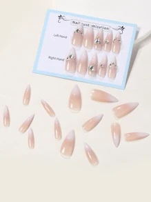 使用24入組長杏仁粉色漸變水鑽3D心形裝飾假指甲和1入組指甲銼和1張指甲膠帶升級您造型 - 彩色 - 查看 4