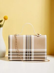 Tartan Flap Satchel Bag - Apricot - View 2