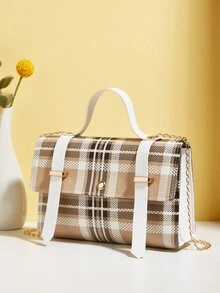 Tartan Flap Satchel Bag - Apricot - View 3