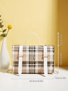 Tartan Flap Satchel Bag - Apricot - View 5