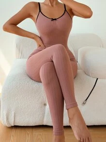 Contrast Binding Bow Detail Cami Top & Trousers PJ Set - Dusty Pink - View 5