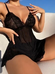 Contrast Lace Mesh Slips With Thong - Black - View 4