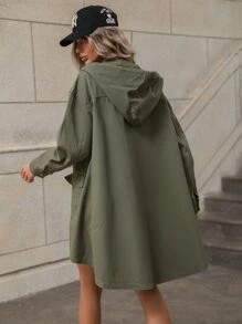 Solid Hooded Drop Shoulder Flap Pocket Denim Coat - Army Green - View 2
