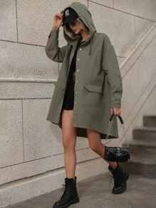 Solid Hooded Drop Shoulder Flap Pocket Denim Coat - Army Green - View 4
