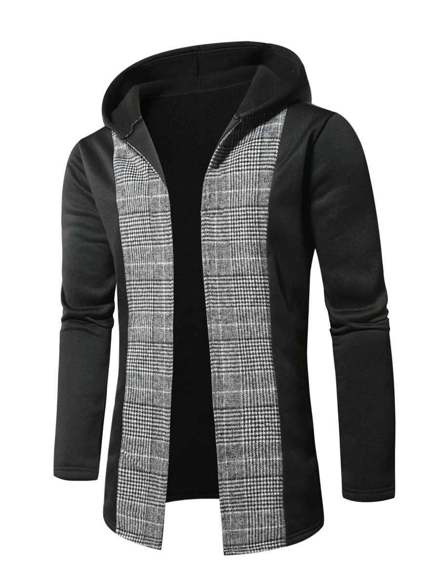 Manfinity Men's Loose Fit Hooded Houndstooth Print Coat - Black and White - View 1