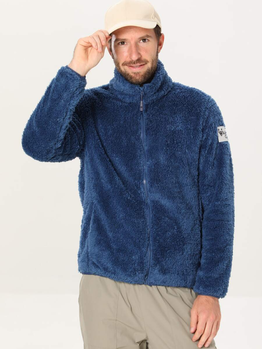 男士貼布細節拉鏈開襟泰迪夾克 - 藍色 - 查看 1