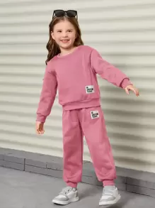 SHEIN 年輕女孩字母補丁細節下垂肩毛衣和運動長褲 - 藕粉色 - 查看 1