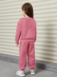 SHEIN 年輕女孩字母補丁細節下垂肩毛衣和運動長褲 - 藕粉色 - 查看 2