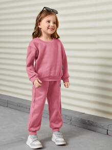 SHEIN 年輕女孩字母補丁細節下垂肩毛衣和運動長褲 - 藕粉色 - 查看 4