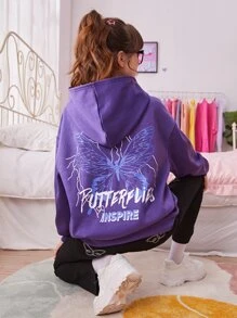 SHEIN Áo nỉ in hình bướm và chữ dành cho nữ tuổi teen - Màu tím  Violet - Xem 1