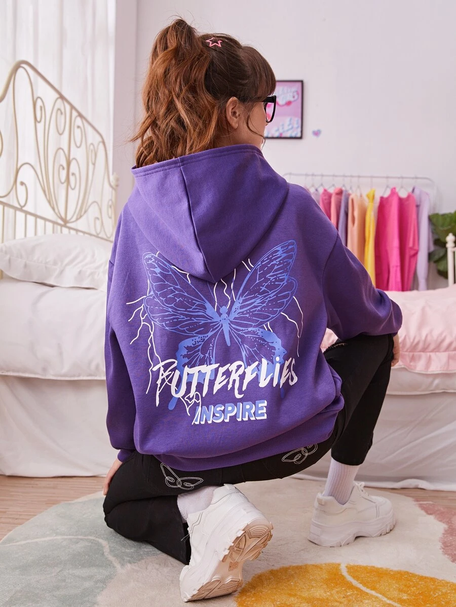 SHEIN Áo nỉ in hình bướm và chữ dành cho nữ tuổi teen - Màu tím  Violet - Xem 1